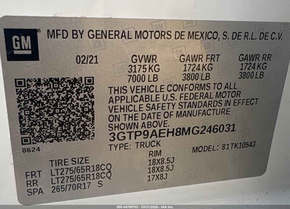 2021 GMC SIERRA K15 VIN: 3GTP9AEH8MG246031