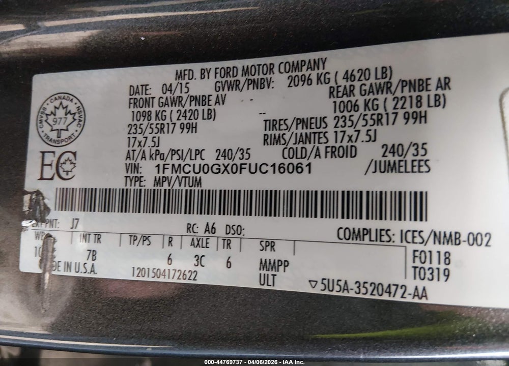 2015 FORD ESCAPE SE VIN: 1FMCU0GX0FUC16061