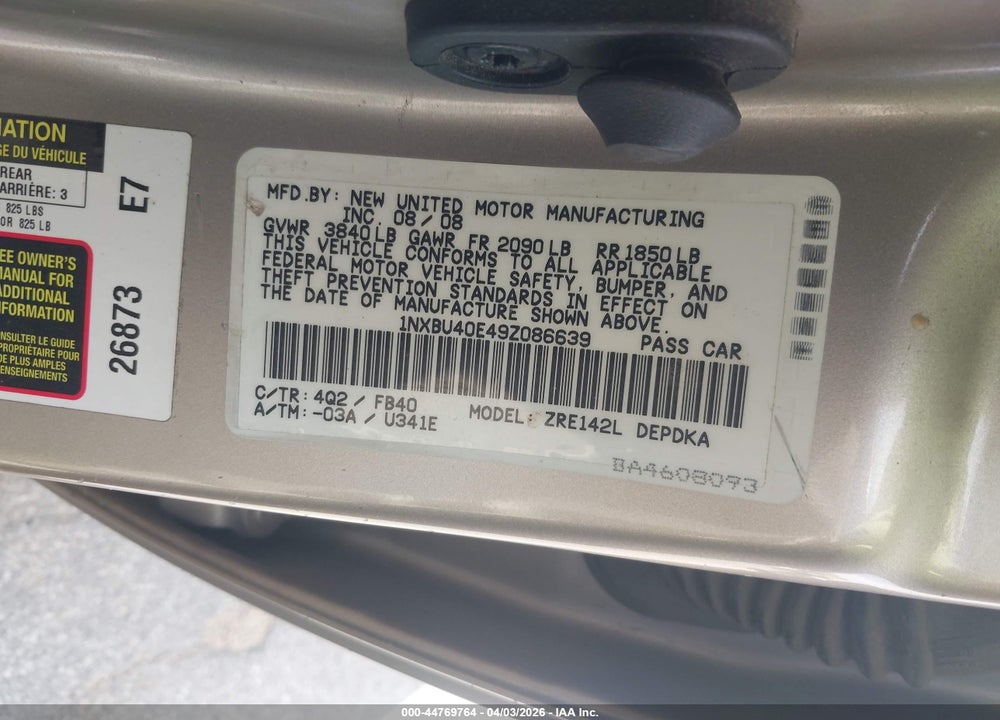 2009 TOYOTA COROLLA LE VIN: 1NXBU40E49Z086639