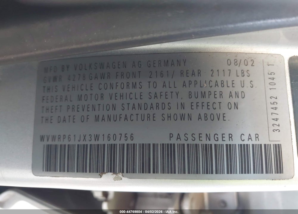 2003 VOLKSWAGEN JETTA GL TDI VIN: WVWRP61JX3W160756