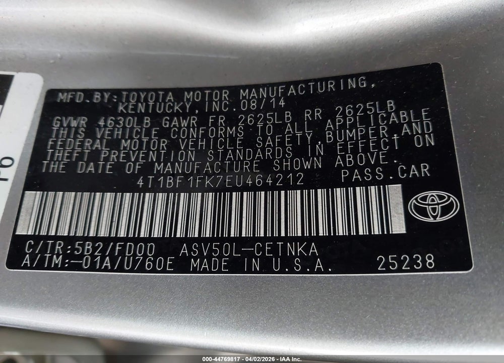 2014 TOYOTA CAMRY LE VIN: 4T1BF1FK7EU464212