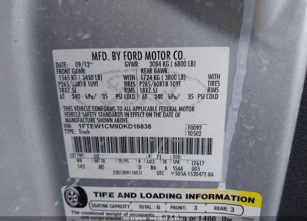 2013 FORD F-150 XLT VIN: 1FTEW1CM9DKD16838