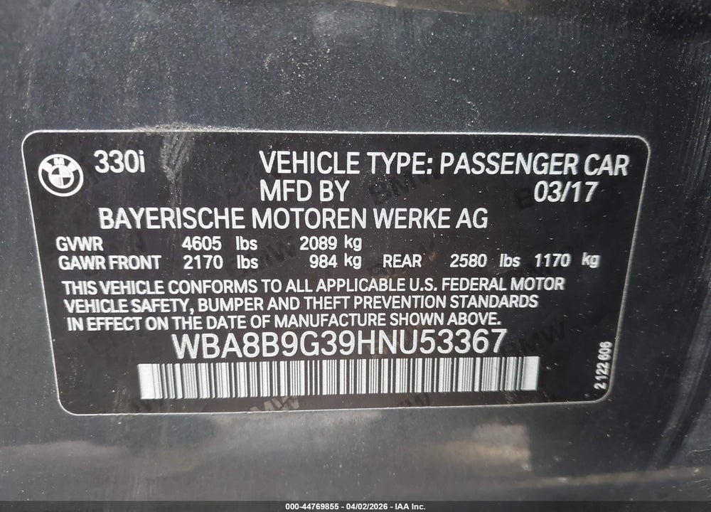 2017 BMW 330I VIN: WBA8B9G39HNU53367