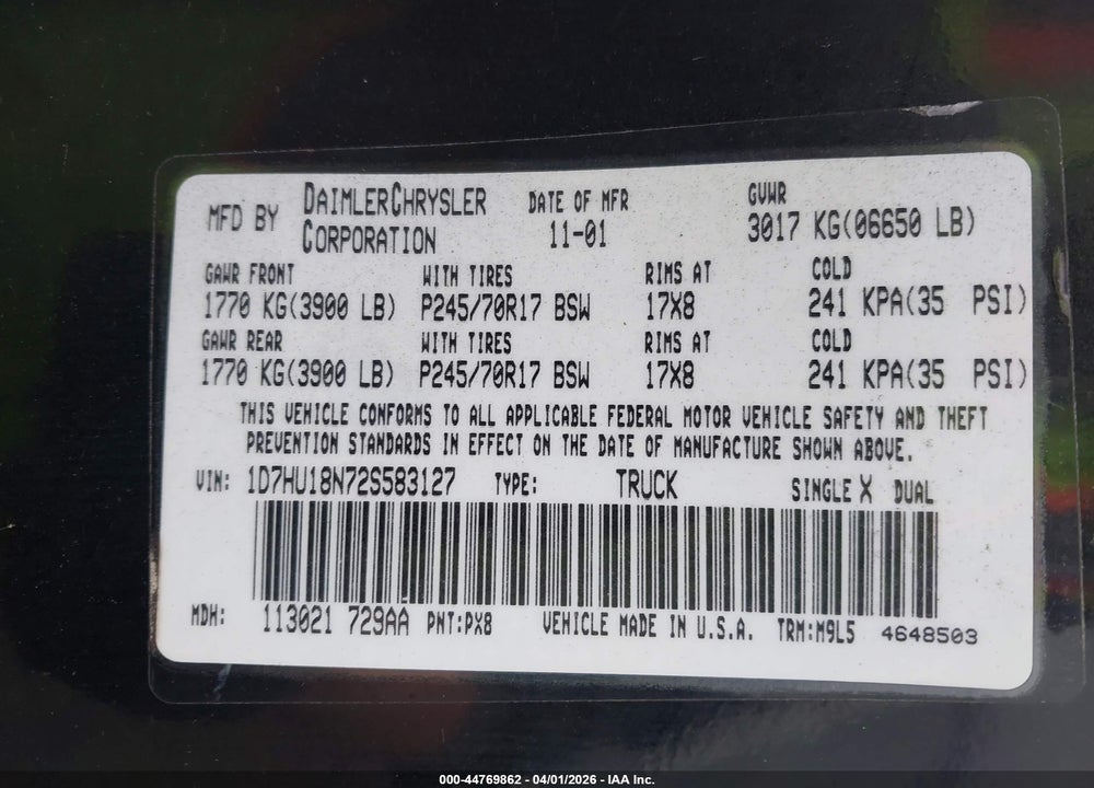 2002 DODGE RAM 1500 ST VIN: 1D7HU18N72S583127