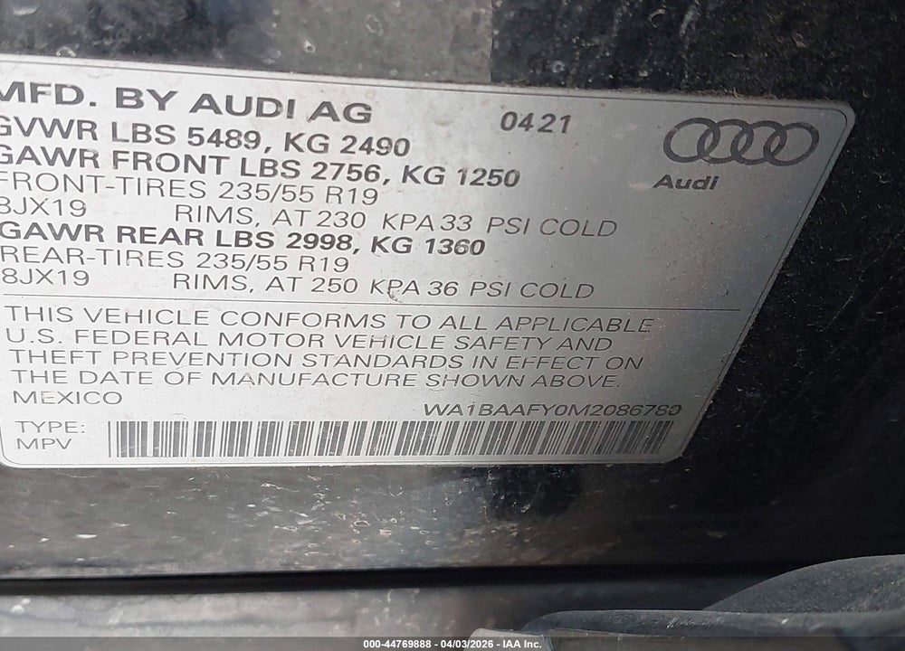 2021 AUDI Q5 PREMIUM PLUS 45 TFSI QUATTRO S TRONIC VIN: WA1BAAFY0M2086780