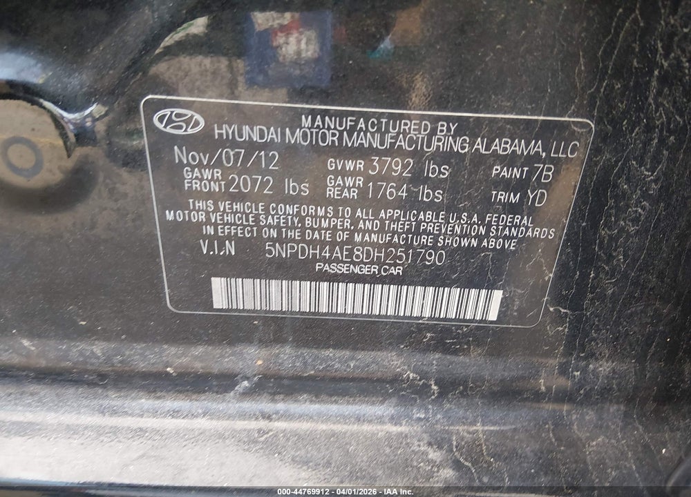 2013 HYUNDAI ELANTRA GLS VIN: 5NPDH4AE8DH251790