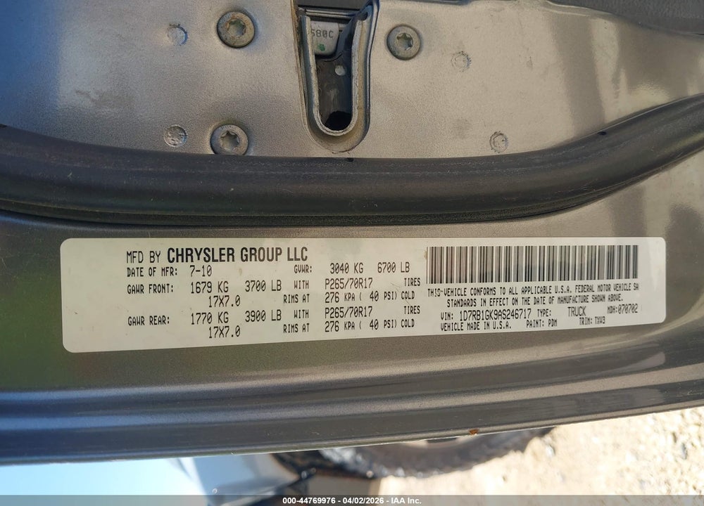 2010 DODGE RAM 1500 ST VIN: 1D7RB1GK9AS246717