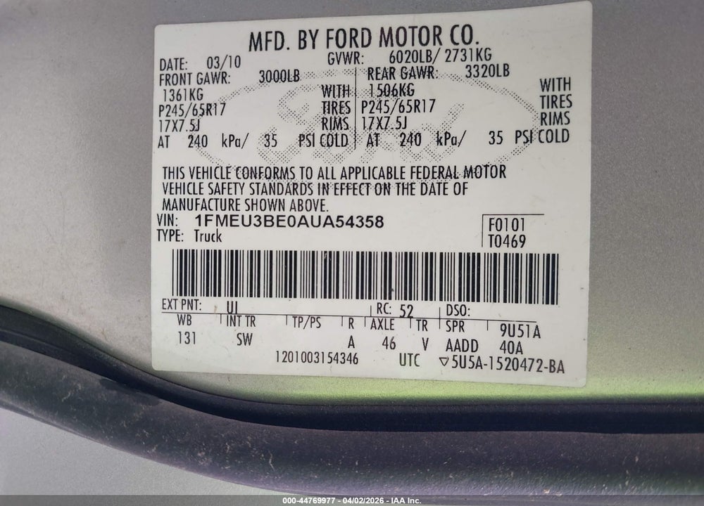 2010 FORD EXPLORER SPORT TRAC XLT VIN: 1FMEU3BE0AUA54358