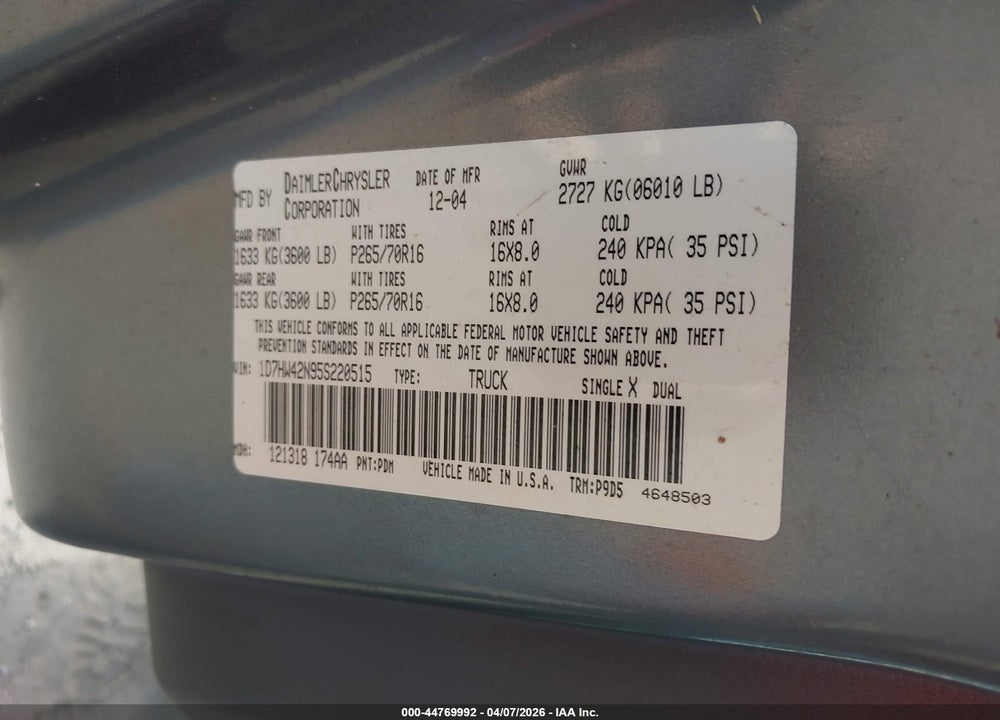 2005 DODGE DAKOTA SLT VIN: 1D7HW42N95S220515