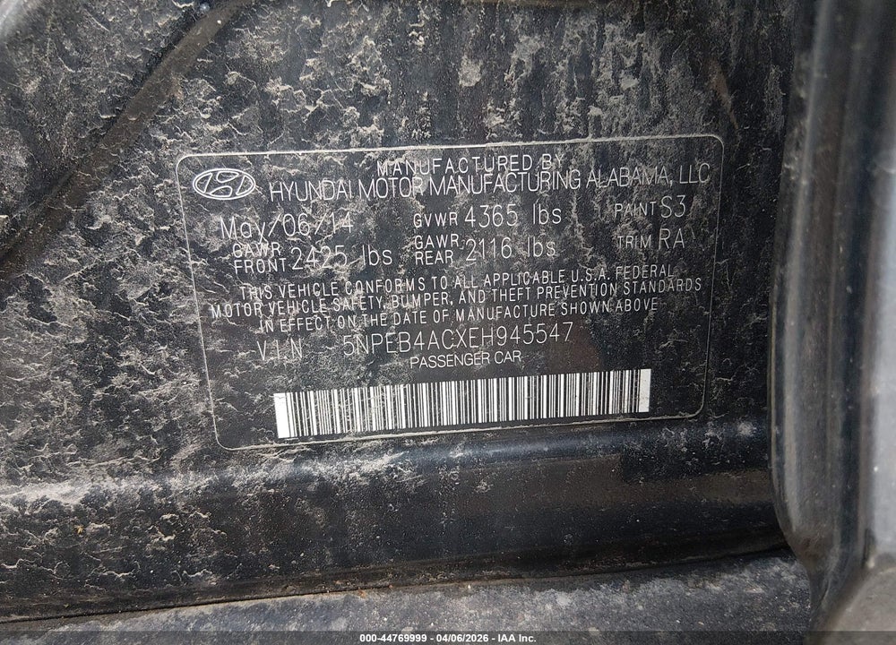 2014 HYUNDAI SONATA GLS VIN: 5NPEB4ACXEH945547