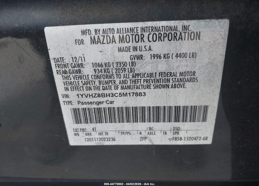 2012 MAZDA 6 I SPORT VIN: 1YVHZ8BH3C5M17883