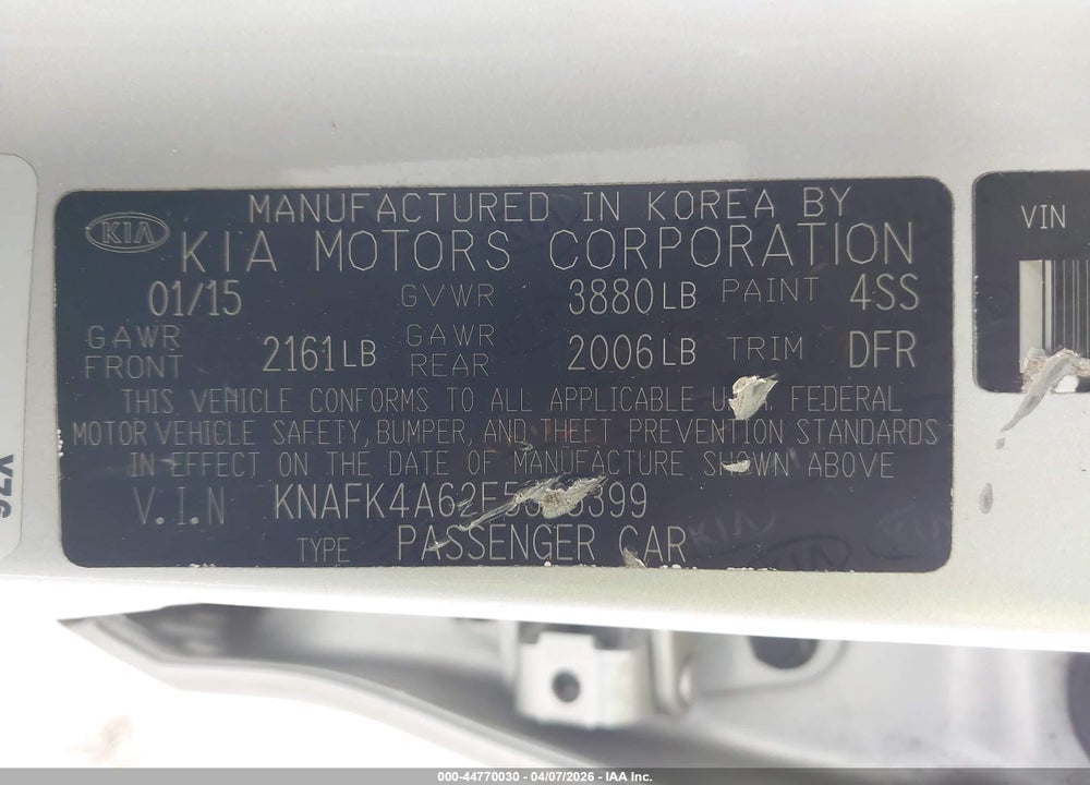 2015 KIA FORTE LX VIN: KNAFK4A62F5395399
