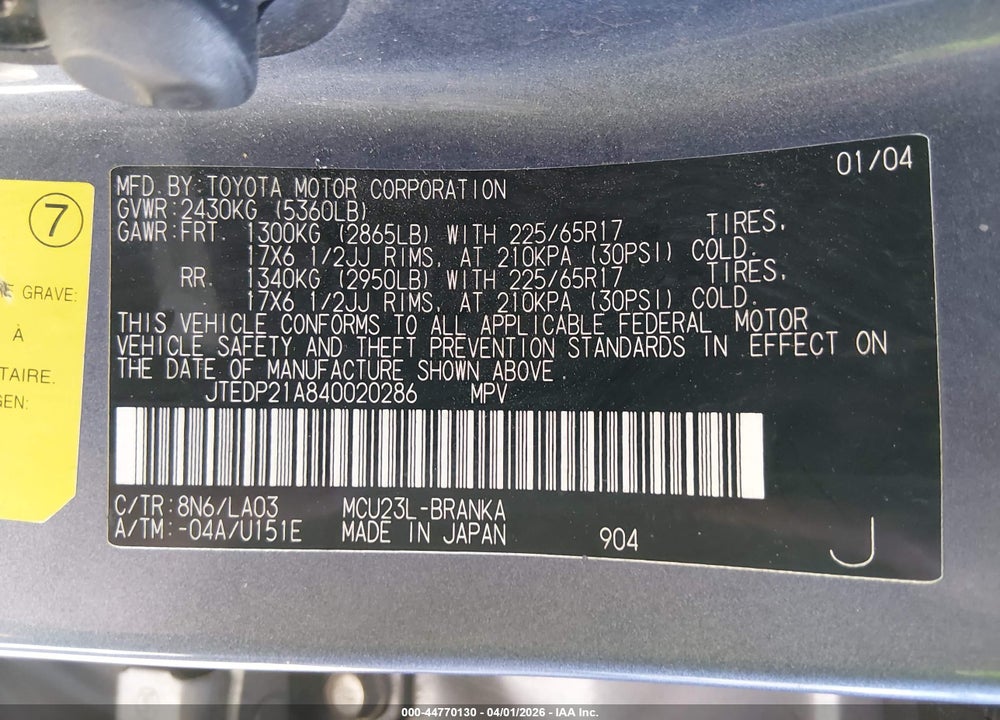 2004 TOYOTA HIGHLANDER LIMITED V6 VIN: JTEDP21A840020286