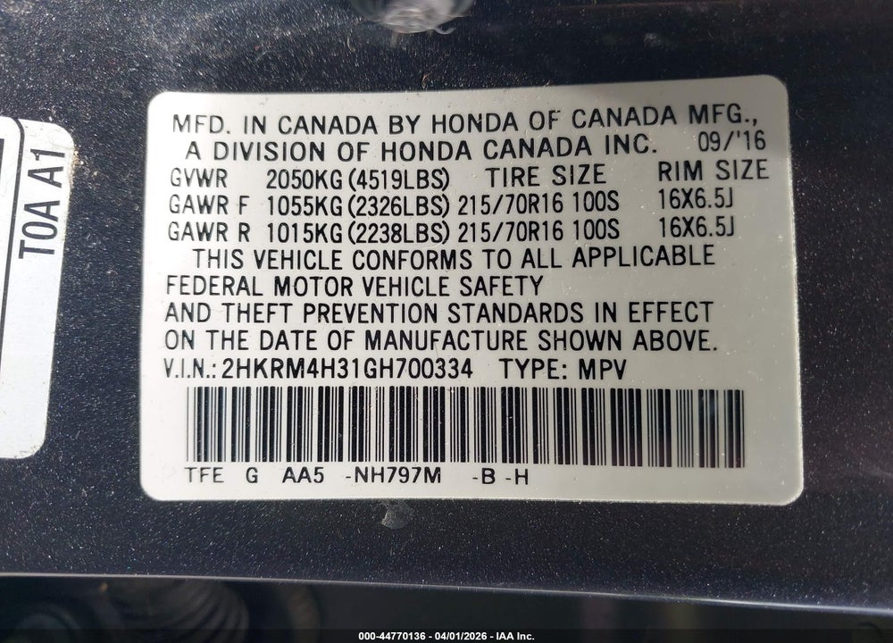 2016 HONDA CR-V LX VIN: 2HKRM4H31GH700334