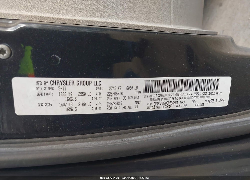 2011 VOLKSWAGEN ROUTAN S VIN: 2V4RW4DG0BR766894