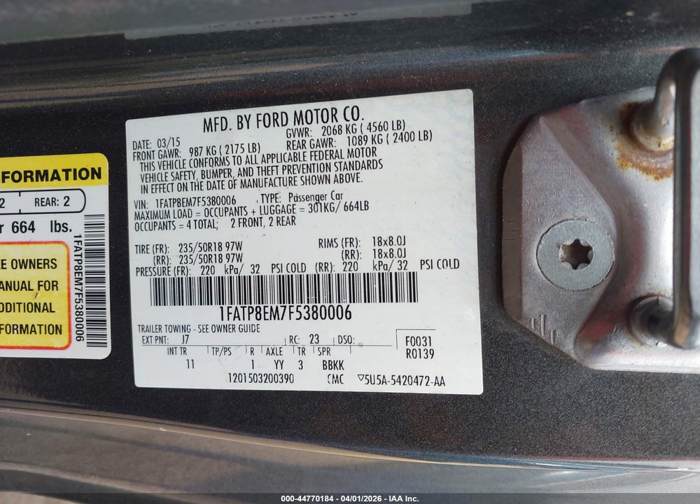 2015 FORD MUSTANG V6 VIN: 1FATP8EM7F5380006