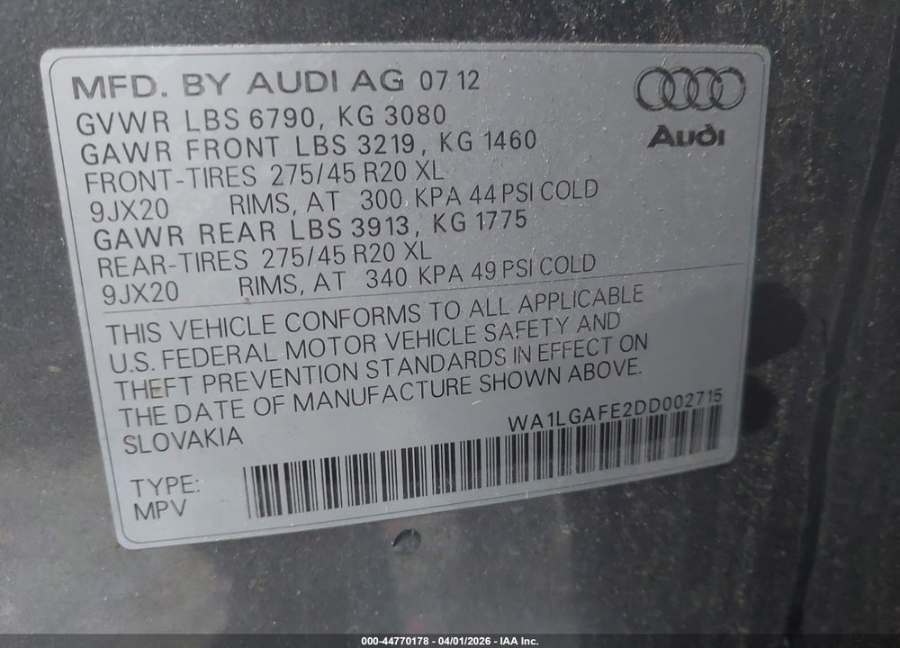 2013 AUDI Q7 3.0T PREMIUM VIN: WA1LGAFE2DD002715