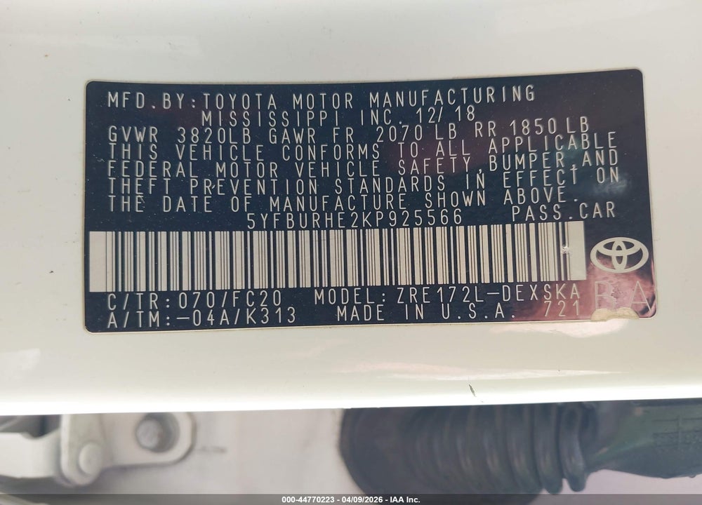 2019 TOYOTA COROLLA SE VIN: 5YFBURHE2KP925566