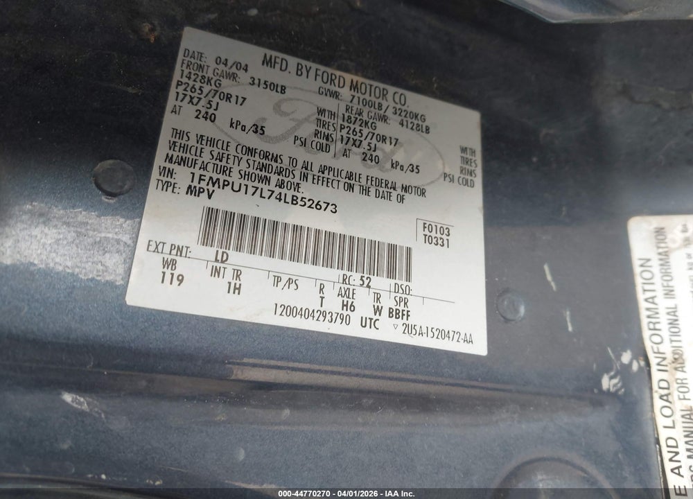 2004 FORD EXPEDITION EDDIE BAUER VIN: 1FMPU17L74LB52673