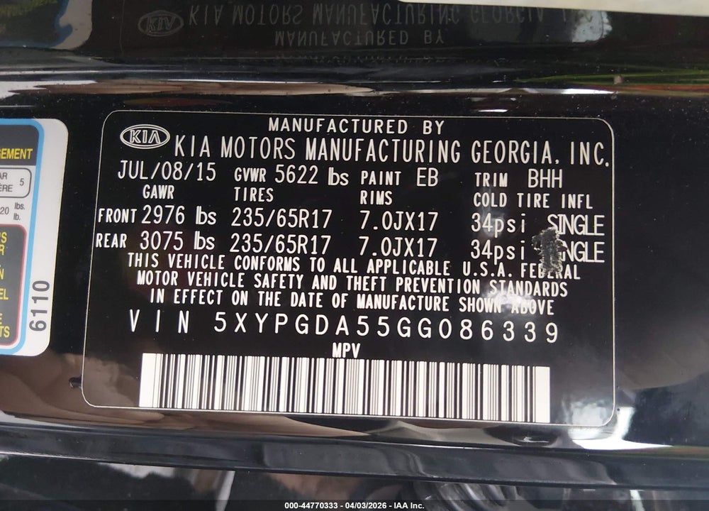 2016 KIA SORENTO 3.3L LX VIN: 5XYPGDA55GG086339