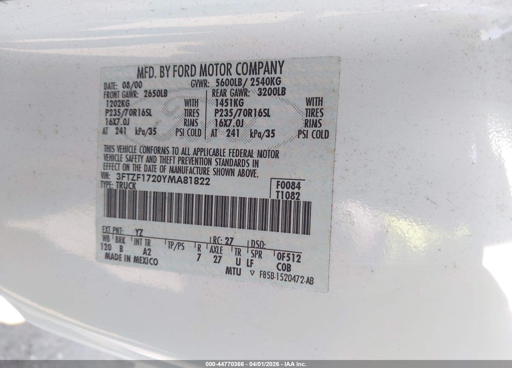 2000 FORD F-150 WORK SERIES/XL/XLT VIN: 3FTZF1720YMA81822