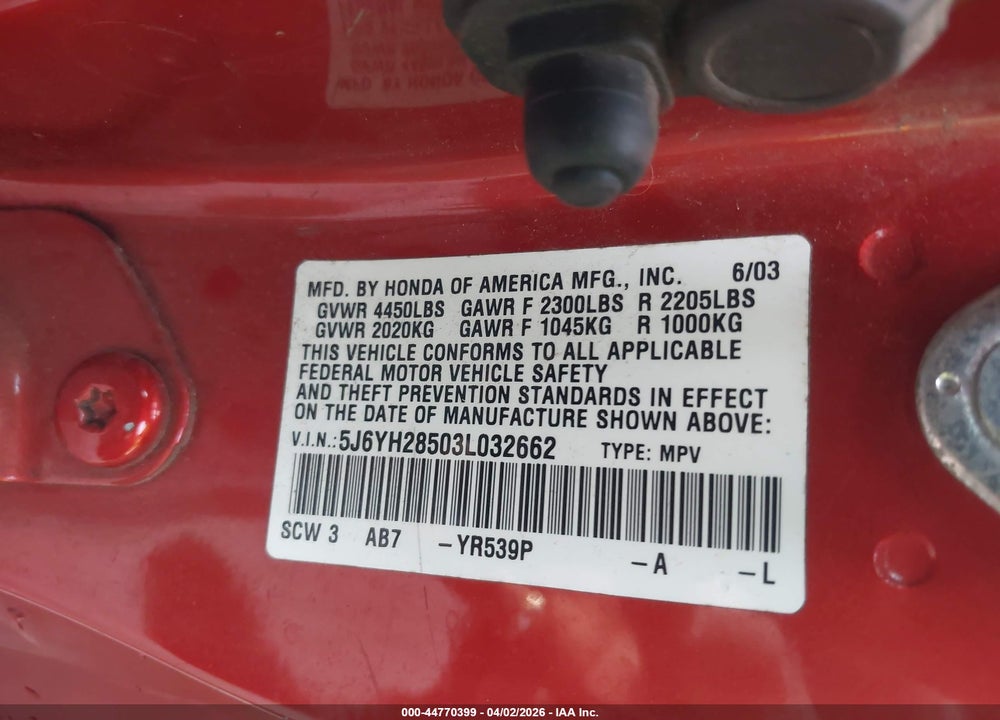 2003 HONDA ELEMENT EX VIN: 5J6YH28503L032662