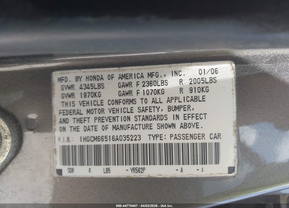 2006 HONDA ACCORD 3.0 EX VIN: 1HGCM66516A035223