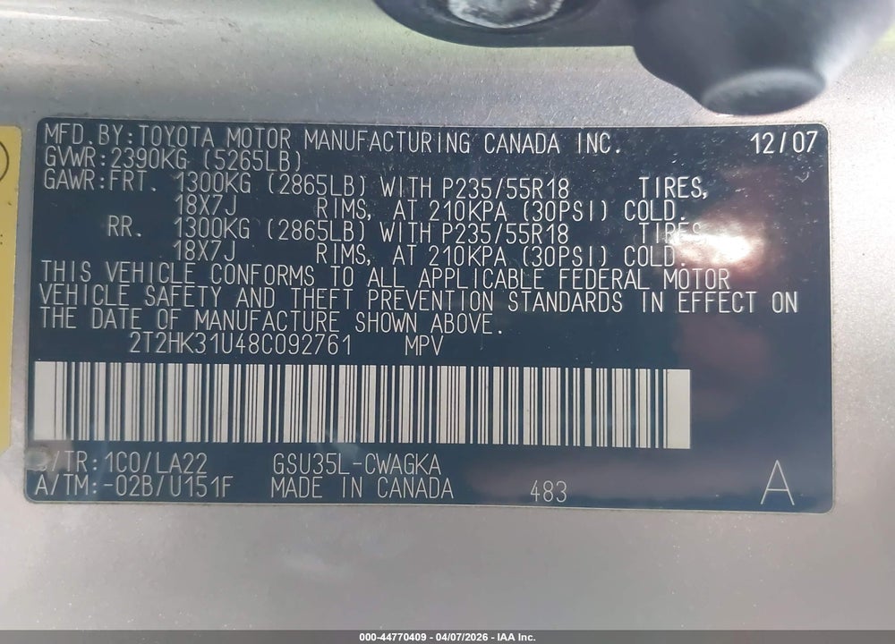 2008 LEXUS RX 350 VIN: 2T2HK31U48C092761