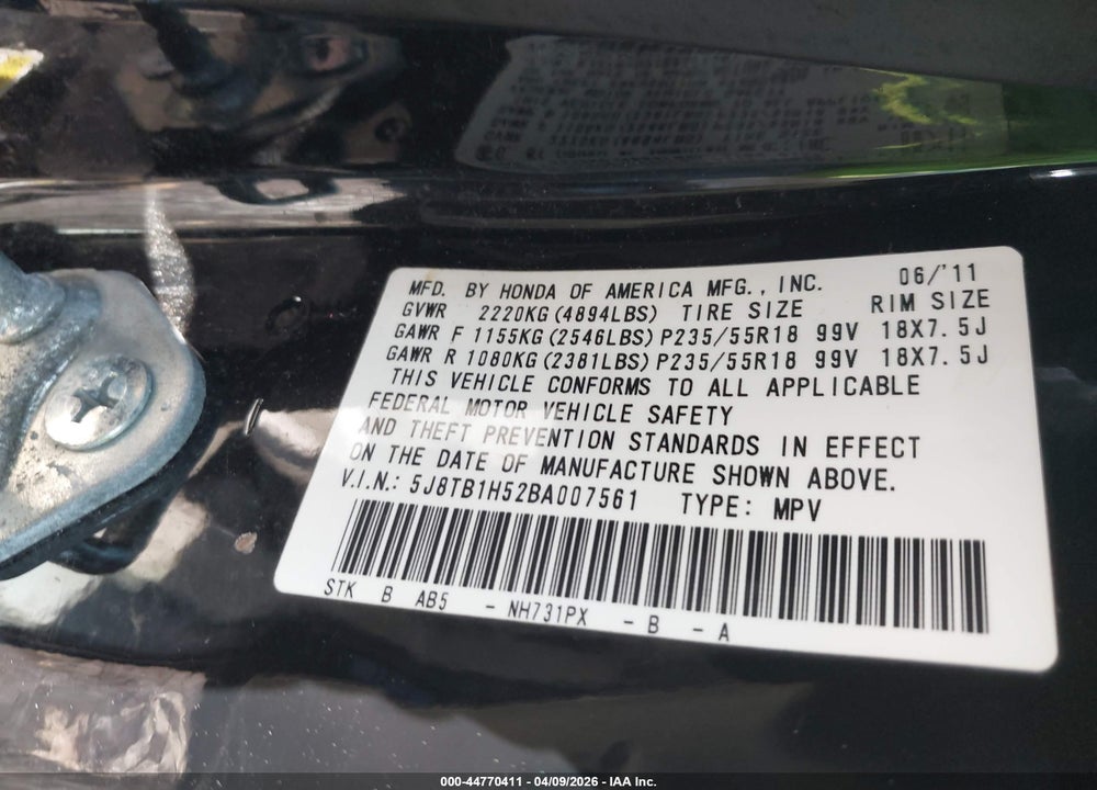 2011 ACURA RDX VIN: 5J8TB1H52BA007561