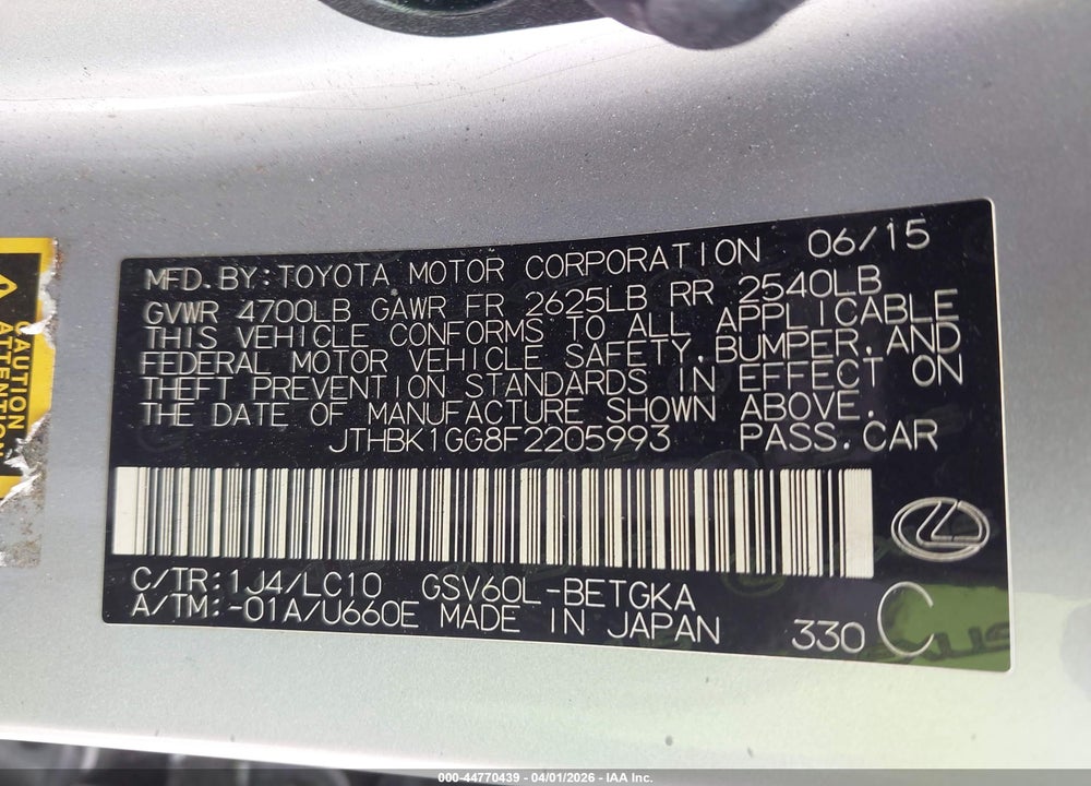 2015 LEXUS ES 350 VIN: JTHBK1GG8F2205993