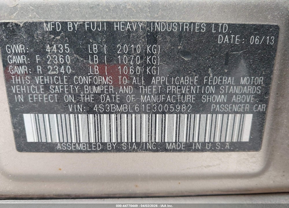 2014 SUBARU LEGACY 2.5I LIMITED VIN: 4S3BMBL61E3005982