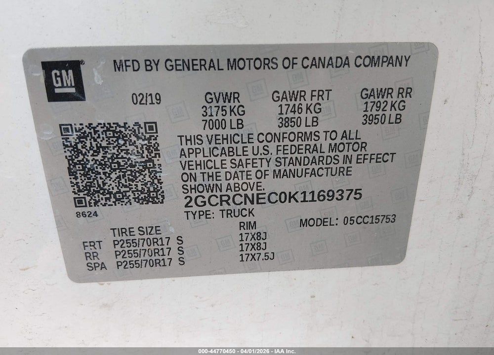2019 CHEVROLET SILVERADO 1500 LD WT VIN: 2GCRCNEC0K1169375