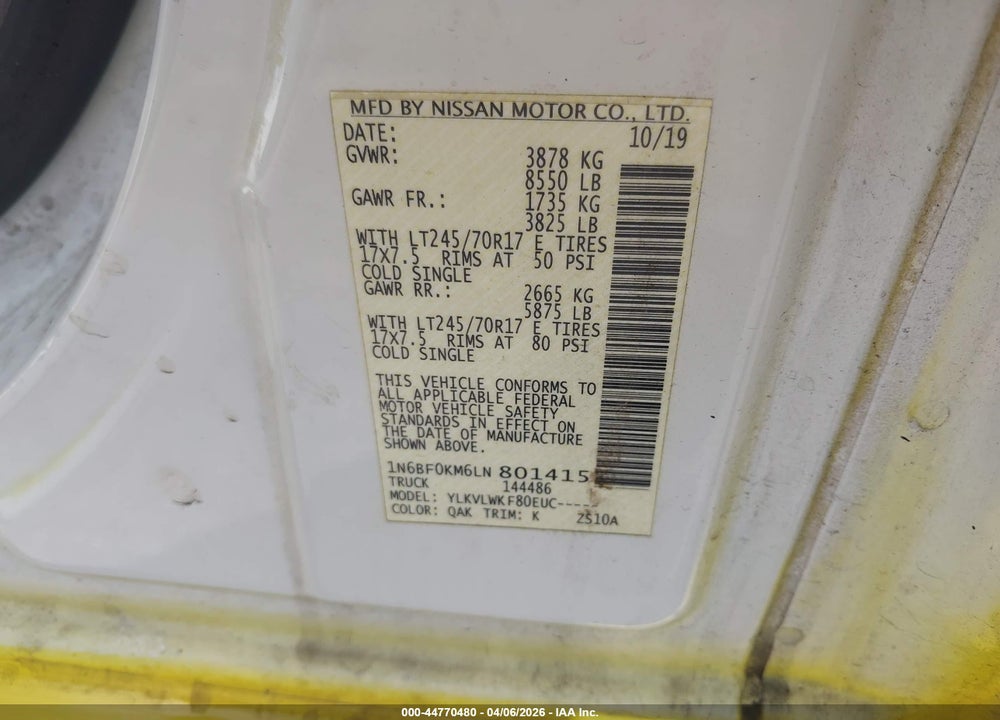 2020 NISSAN NV CARGO NV1500 S STANDARD ROOF V6 VIN: 1N6BF0KM6LN801415