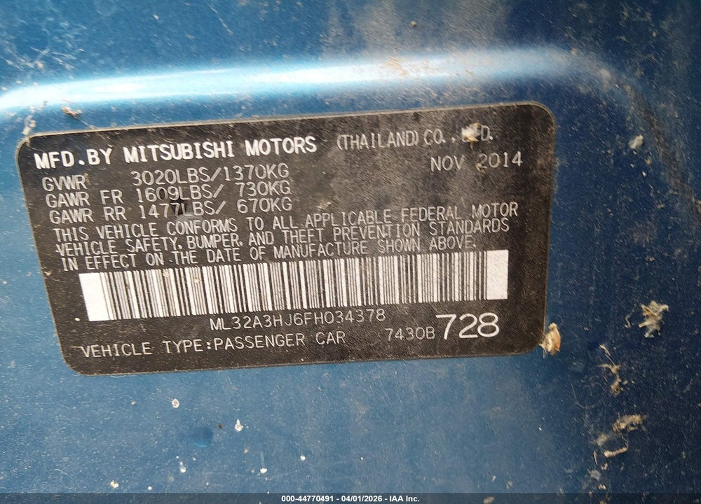 2015 MITSUBISHI MIRAGE DE/RF VIN: ML32A3HJ6FH034378