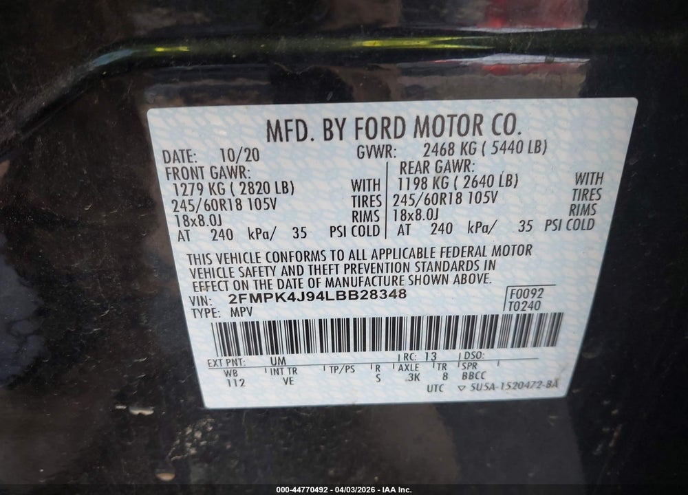 2020 FORD EDGE SEL VIN: 2FMPK4J94LBB28348