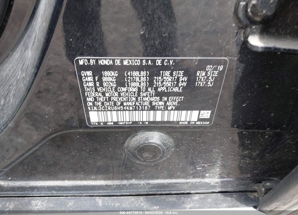 2019 HONDA HR-V EX VIN: 3CZRU6H54KM713167