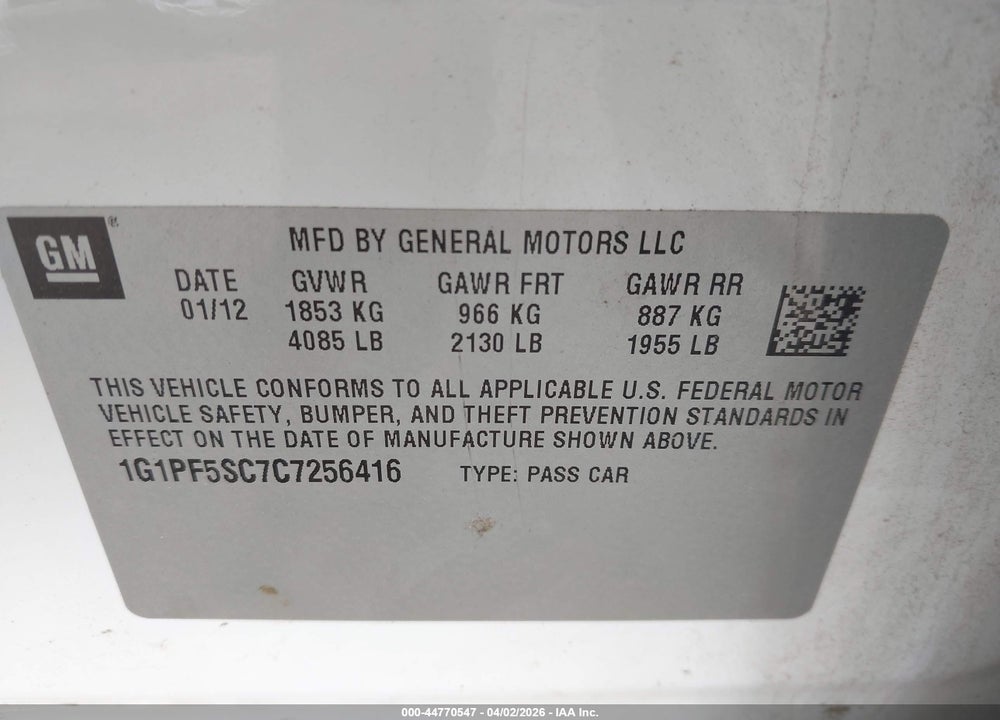 2012 CHEVROLET CRUZE 1LT VIN: 1G1PF5SC7C7256416