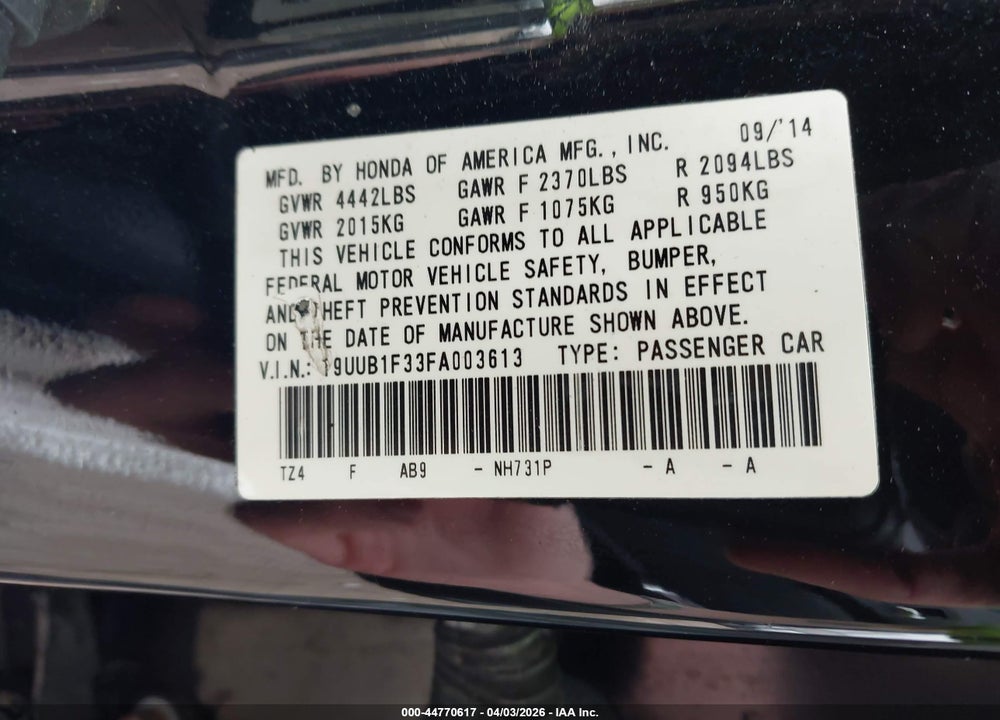 2015 ACURA TLX VIN: 19UUB1F33FA003613