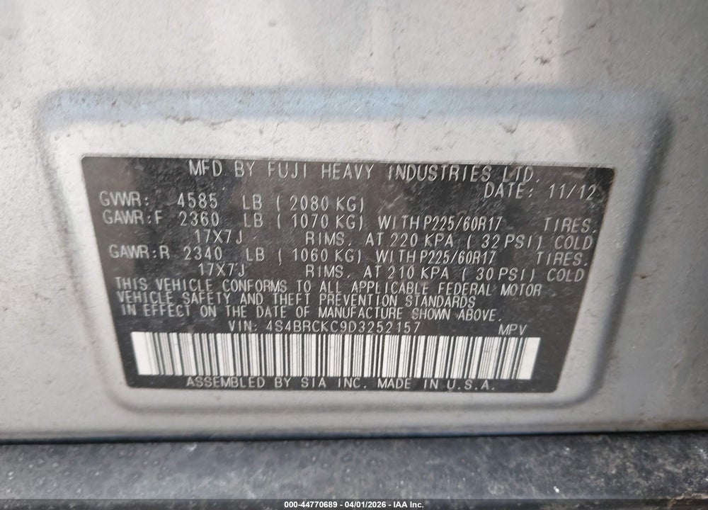 2013 SUBARU OUTBACK 2.5I LIMITED VIN: 4S4BRCKC9D3252157