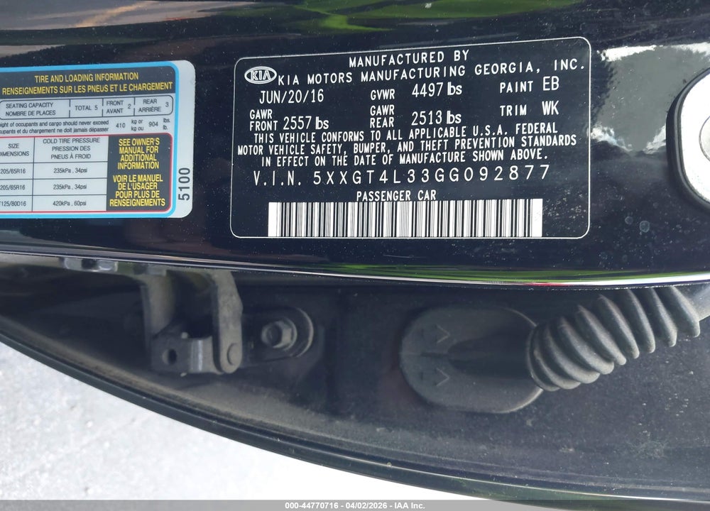2016 KIA OPTIMA LX VIN: 5XXGT4L33GG092877