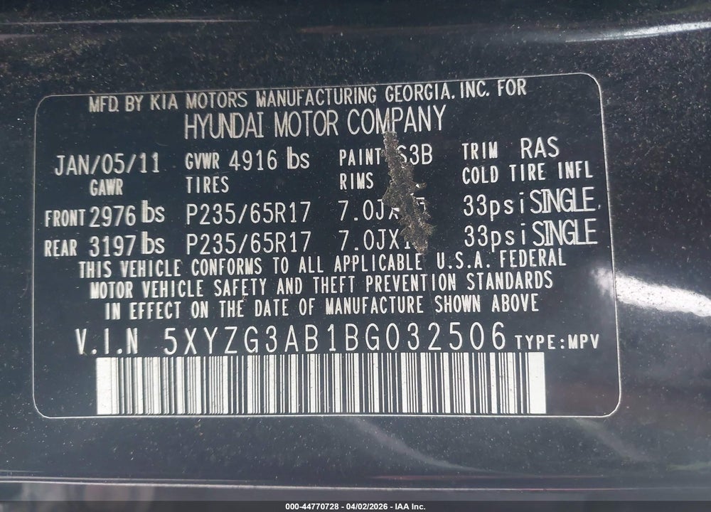 2011 HYUNDAI SANTA FE GLS VIN: 5XYZG3AB1BG032506