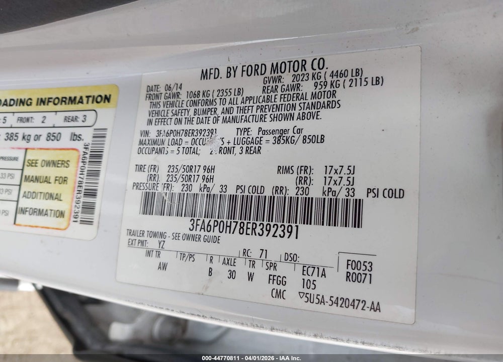 2014 FORD FUSION SE VIN: 3FA6P0H78ER392391