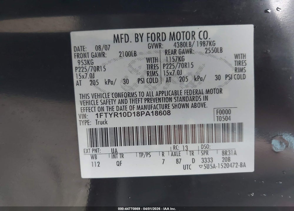 2008 FORD RANGER XL/XLT VIN: 1FTYR10D18PA18608