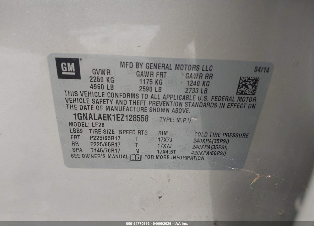 2014 CHEVROLET EQUINOX LS VIN: 1GNALAEK1EZ128558