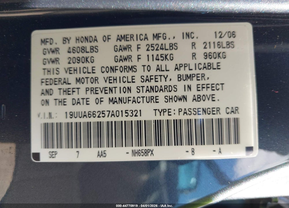 2007 ACURA TL 3.2 VIN: 19UUA66257A015321