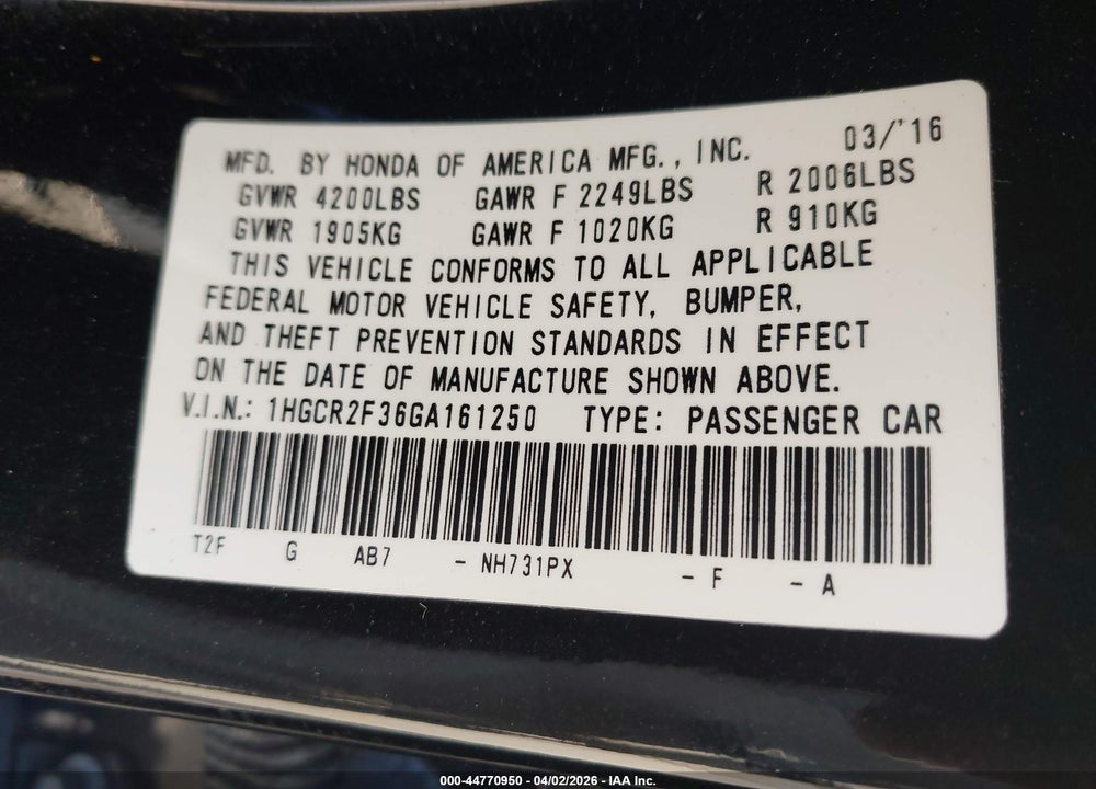 2016 HONDA ACCORD LX VIN: 1HGCR2F36GA161250