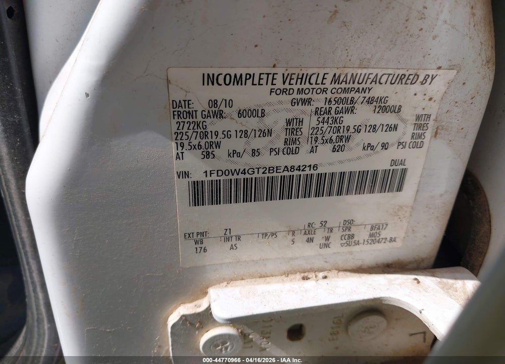 2011 FORD F-450 CHASSIS XL VIN: 1FD0W4GT2BEA84216