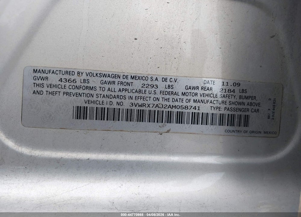 2010 VOLKSWAGEN JETTA SE VIN: 3VWRX7AJ2AM058741