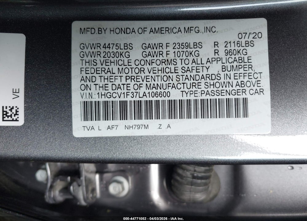 2020 HONDA ACCORD SPORT VIN: 1HGCV1F37LA106600