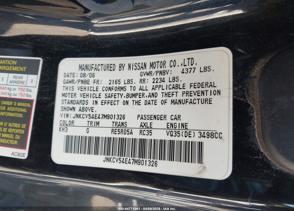 2007 INFINITI G35 VIN: JNKCV54E47M901326